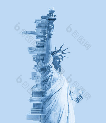 双曝光图像雕像自由纽约天际线<strong>应对空间</strong>蓝色的健美的图像