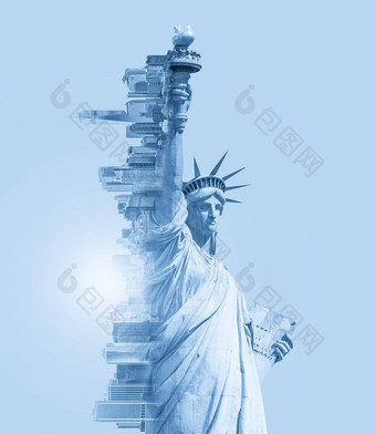 双曝光图像雕像自由纽约天际线<strong>应对空间</strong>健美的图像