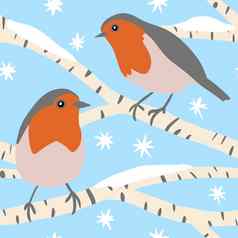 手港湾式停车站无缝的模式野生罗宾鸟蓝色的背景红色的breat动物物种灰色米色翅膀可爱的冬天森林设计12月圣诞节一年木林地野生自然