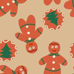 无缝的手画模式圣诞节饼干米色一年食物姜饼男人。花环弓庆祝活动厨房零食红色的绿色传统的颜色有趣的冬天背景