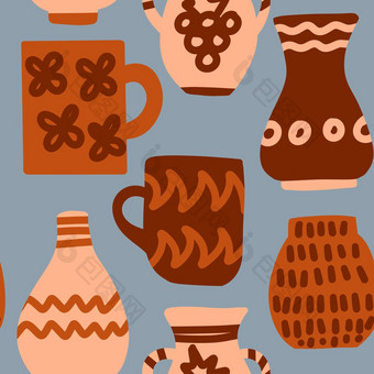 手画无缝的模式陶器杯子花瓶米色棕色（的）灰色背景陶瓷碗餐具厨房用具厨房设计烹饪餐具anicent希腊风格陶瓷餐具设计