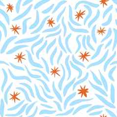 手画无缝的模式橙色明星雪花蓝色的波浪曲线行白色背景摘要几何设计圣诞节一年冬天织物包装纸极简主义点缀艺术