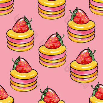 插图光栅无缝的模式轮黄色的红色的颜色蛋糕装饰草莓粉红色的背景