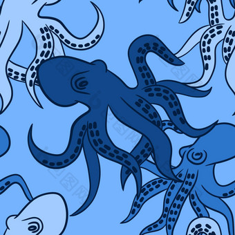 手画无缝的模式蓝色的章鱼海海洋物种动物海洋水下航海海军水生织物打印海鲜图形卡通背景