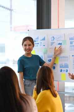 自信年轻的女人分享的想法业务策略解释策略白板同事