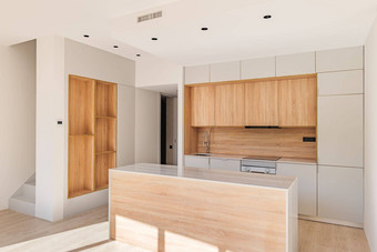 光模块化厨房橱柜设计室内使白色光棕色（的）颜色阳光照亮现代厨房集白色厨房单位大理石前蜂蜜橡木家具