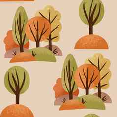 手画无缝的模式秋天秋天森林木树橙色黄色的林地景观草布什分支机构野营户外公园活动背景生态环境