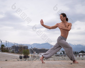 高加索人男人。实践武术艺术在户外平衡冥想