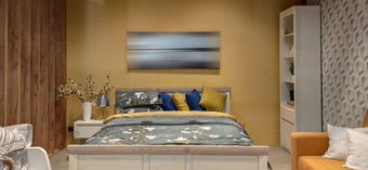 室内摄影大卧室大床上卧室室内床上用品表黄色的语气图片墙甜蜜的首页风格木床头板