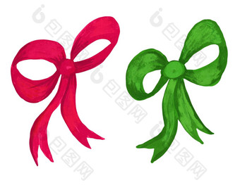 水彩手画插图红色的绿色圣诞节丝带弓可爱的明亮的极简主义装饰冬天假期问候卡片邀请复古的古董点缀简单的极简主义风格