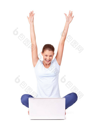 庆祝活动年轻的女人移动PC屏幕庆祝孤立的白色