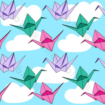 手画无缝的模式日本折纸纸克拉马斯鸟蓝色的天空白色云背景粉红色的紫色的绿色日本亚洲玩具孩子们孩子们托儿所装饰服装爱希望和平象征传统的papercraft