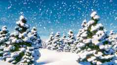 走白雪覆盖的森林圣诞节树降雪呈现插图