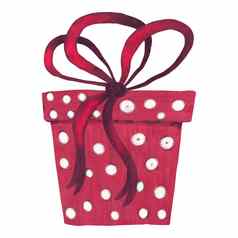 手画插图红色的礼物现在盒子丝带弓可爱的有趣的明亮的生日庆祝活动装饰聚会，派对节日问候装饰色彩斑斓的出售概念事件