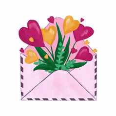 手画插图开放信信封邮件列表发送业务信息邀请卡情人节一天心红色的粉红色的黄色的卡可爱的花设计绿色叶子