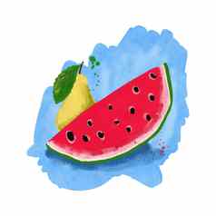 手画插图生活红色的西瓜黄色的梨蓝色的背景明亮的夏天水果作文热带饮食维生素复古的古董风格健康的吃混乱的绘画草图