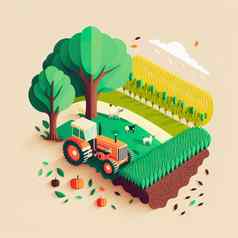 农业图像拖拉机耕作场农村景观背景农村景观农田等角插图