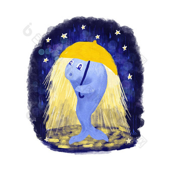 手画插图可爱的蓝色的<strong>鲸鱼</strong>站黄色的伞晚上雨星星有趣的卡通字符孩子们孩子们卡片<strong>海报</strong>问候卡哇伊快乐打印托儿所装饰