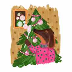 手画插图狗达克斯猎犬粉红色的毛衣圣诞节树首页房间室内可爱的字符冬天设计海报邀请卡有趣的打印孩子们孩子们快乐12月装饰艺术