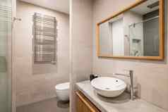 室内现代平铺的浴室白色厕所。。。散热器淋浴反射木框架镜子