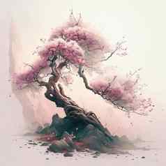 春天树自然插图开花日本樱花木树干粉红色的皇冠夏天季节公园卡通花布鲁姆樱花樱桃树花园环境