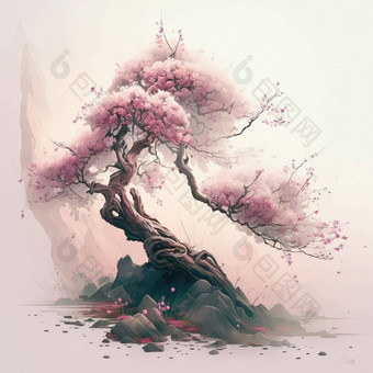 春天树自然插图开花日本樱花木树干粉红色的皇冠夏天季节公园卡通花布鲁姆樱花樱桃树花园环境