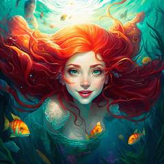 美丽的美人鱼红色的头发插图