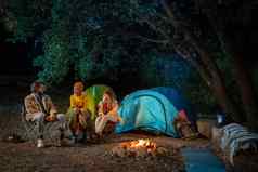 多民族朋友坐着营火森林享受自然有趣的