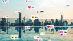 社会媒体图标飞城市市中心显示人互惠连接