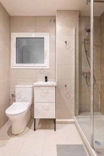 浴室小淋浴区域随信附上透明的玻璃墙脸盆家具抽屉浴室配件窗口墙磨砂玻璃白色框架