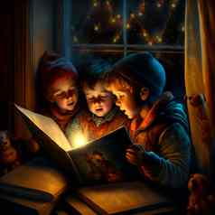 孩子们打开看起来神秘的童话语言书圣诞节晚上