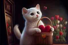 可爱的白色猫持有情人节心柳条篮子背景花