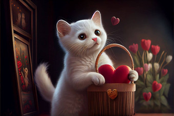 可爱的白色猫持有情人节心柳条篮子背景花