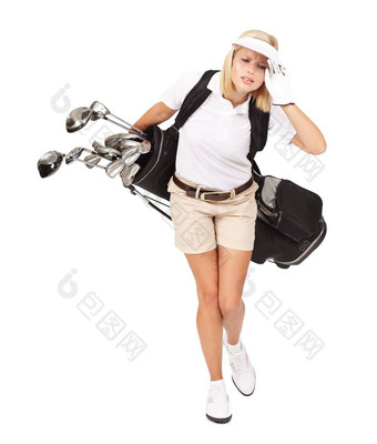 被认为是招聘球童美丽的年轻的高尔夫球手携带袋孤立的白色