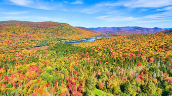 纽约景观空中色彩斑斓的秋天森林山小湖