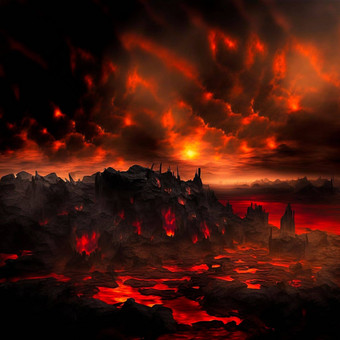 红色的山闪光裂缝表面悲观的天空<strong>岩浆</strong>熔岩传播山熔岩世界集合