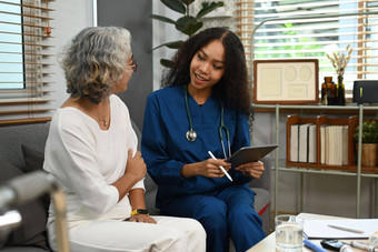 细心的医生医疗保健工人指导治疗给专业咨询老女人
