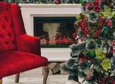 圣诞节假期装修节日圣诞节树饰品壁炉国家首页装饰冬天假期聚会，派对温暖的舒适的大气首页