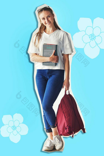 书教育学生女孩大学学校蓝色的背景促进学术研究学习有创意的艺术作品大学生活广告肖像背包