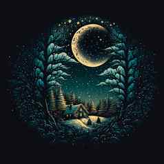 插图房子晚上森林高树月光