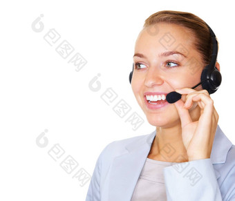 快乐业务女人会说话的耳机白色微笑年轻的业务女人说话耳机孤立的白色