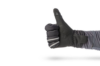 手手套骑自行车的人骑摩托车的人手黑色的手套孤立的白色背景显示拇指显示