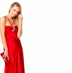 魅力美时尚红色的毕业舞会衣服晚上礼服正式的事件花俏的聚会，派对白色空间背景美丽的优雅的自信女人奢侈品设计师穿