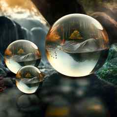 透明的水球体惊人的背景山水反射景观元素内部球体