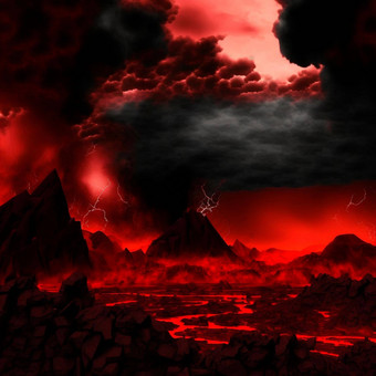 红色的山闪光裂缝表面悲观的天空岩浆熔岩传播山熔岩世界集合