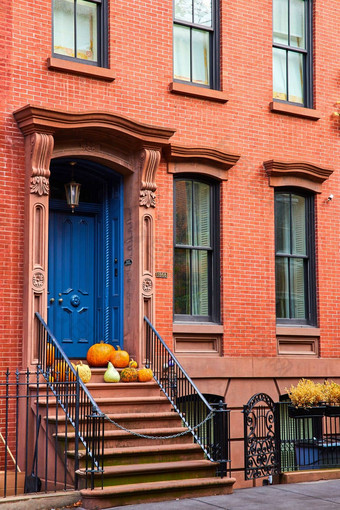 砖建筑步骤蓝色的通过南瓜玄关格林威治村纽约城市