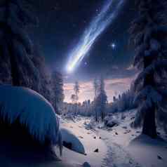 明亮的布满星星的天空冬天森林