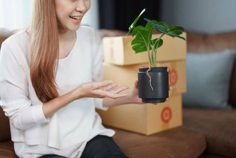 开始小业务企业家独立的年轻的亚洲女人在线卖方电脑显示产品客户使购买决定锻造交付概念