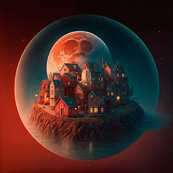 卡通图像幻想小镇背景巨大的红色的月亮