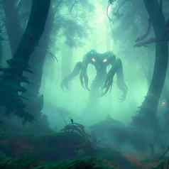 可怕的森林精神神秘的有雾的森林